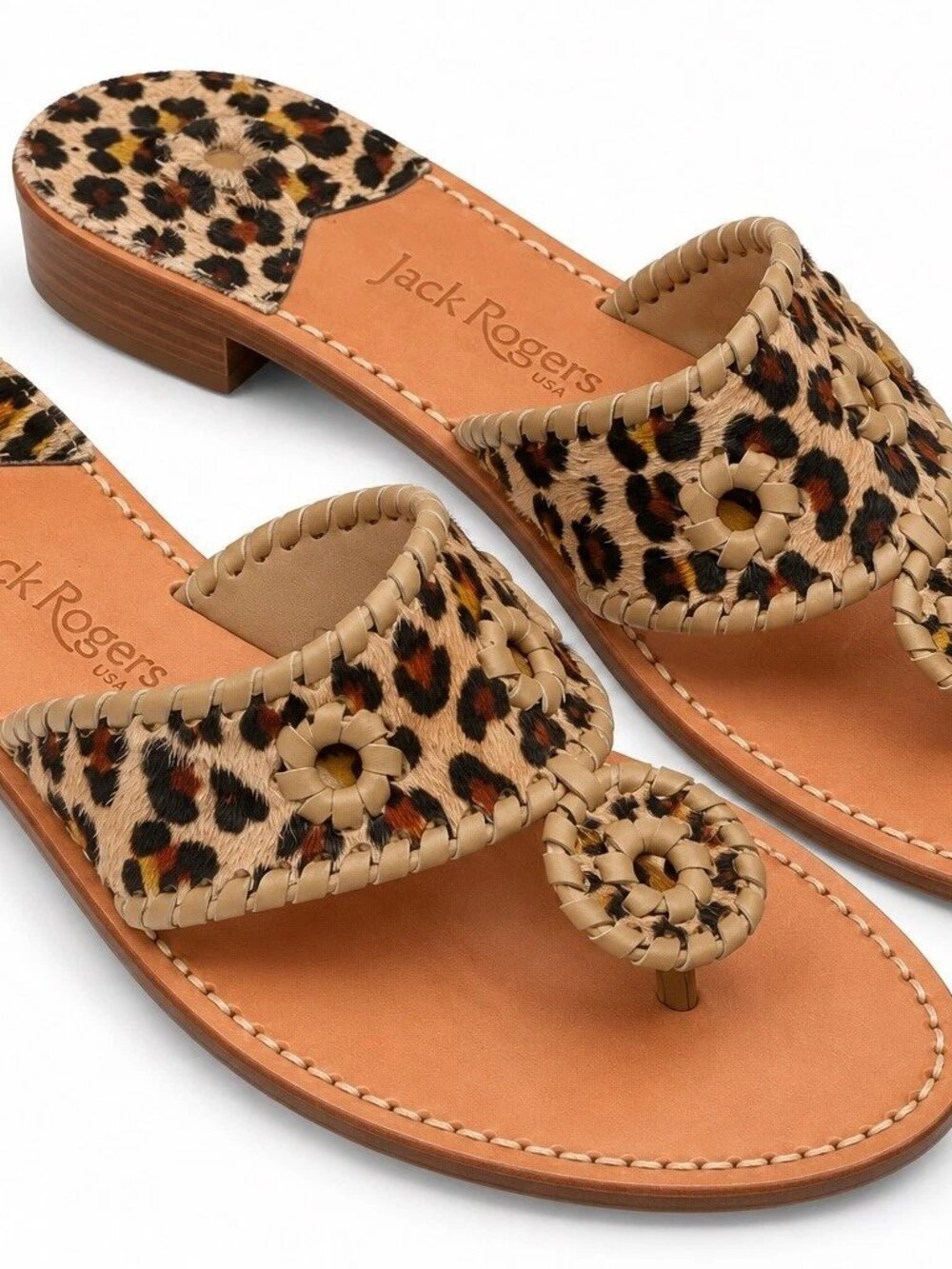 Jack Rogers Jacks Leopard Print Calf Hair Thong Leather Sandals 9M USA